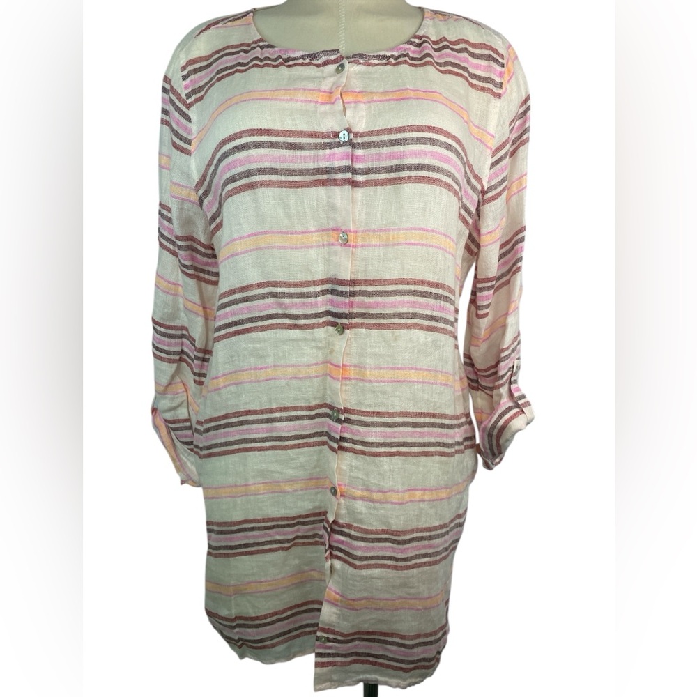 St. Tropez 100% Linen Striped Button-Up Women's Top Large